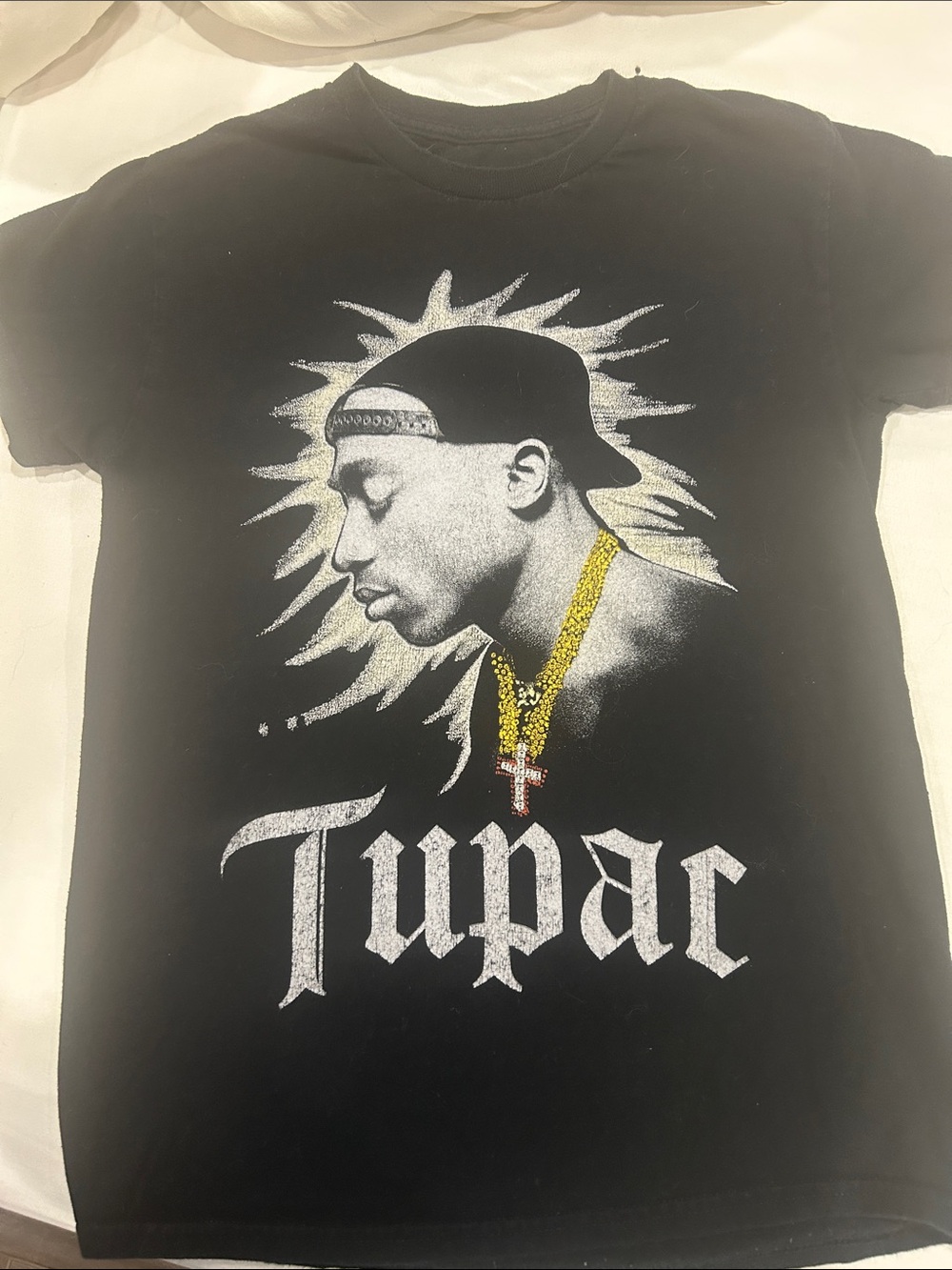 Black Short Sleeve Graphic Tee with Gold Chain Accent
